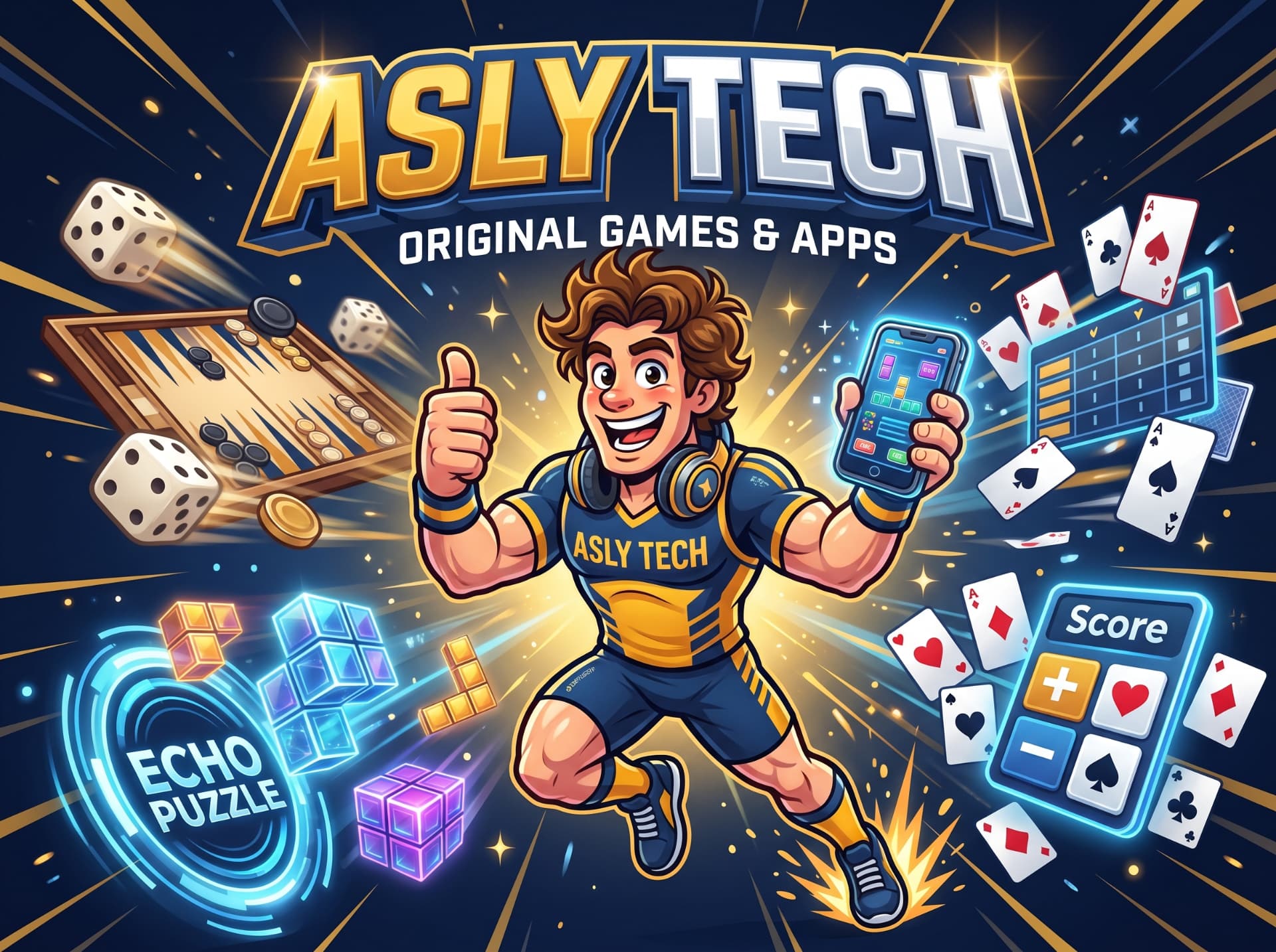 Asly Tech mascot leaping with a thumbs-up and a phone showing a puzzle game, surrounded by dice, playing cards, and puzzle pieces